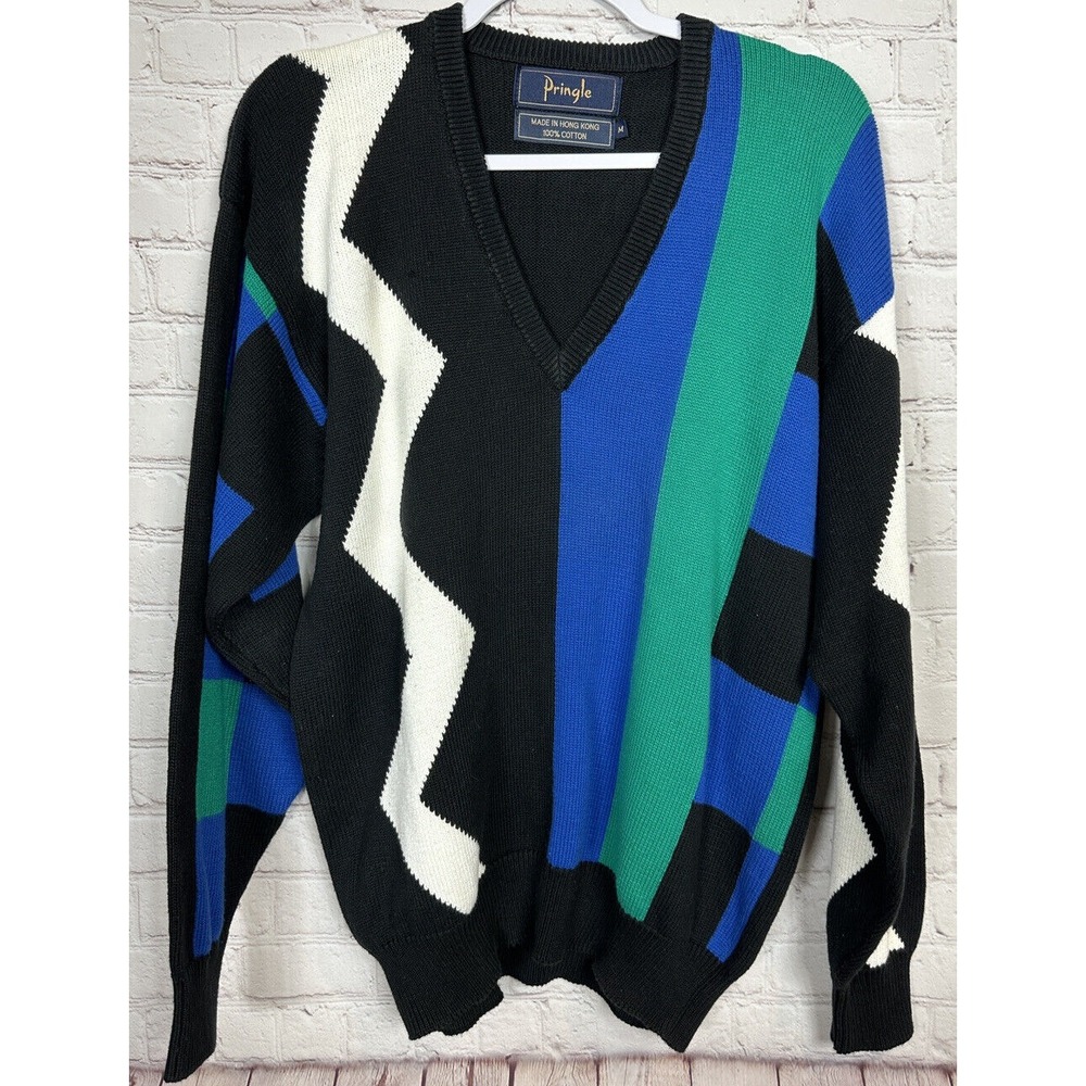 Vintage Pringle geometric 80's long sleeve V-neck cotton sweater, sz‎ M